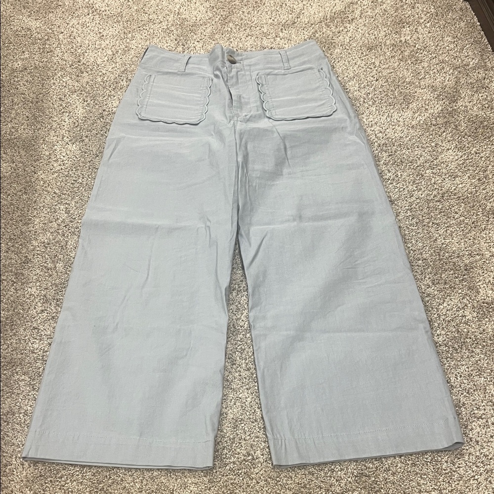 High-Rise Light Blue Wide-Leg Jeans with Scalloped Patch Pockets
